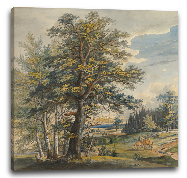 Leinwandbild Carl August Lebschee - Bewaldete Landschaft mit Hirsch