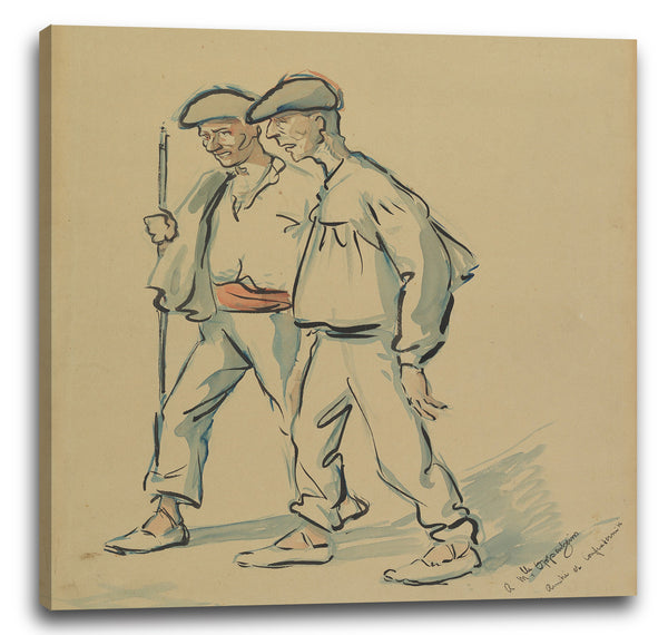 Leinwandbild Jacques Ochs - Zwei alte Männer, die, gekleidet in baskische Kostüme, zu Fuß laufen