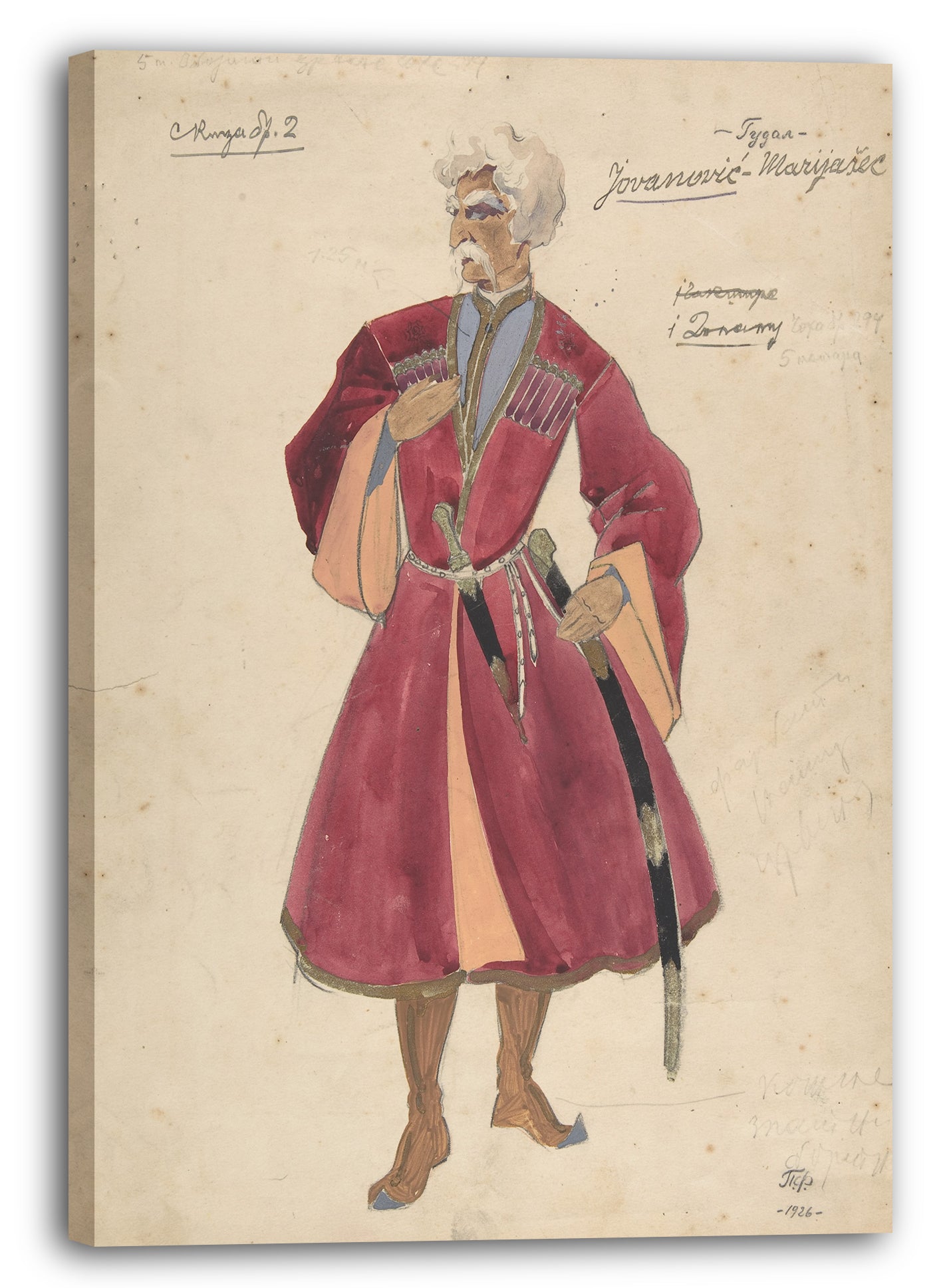 Leinwandbild Pavel Petrovic Froman - Theaterkostümdesign für Krieger mit einem Dolch und einem Gewehr
