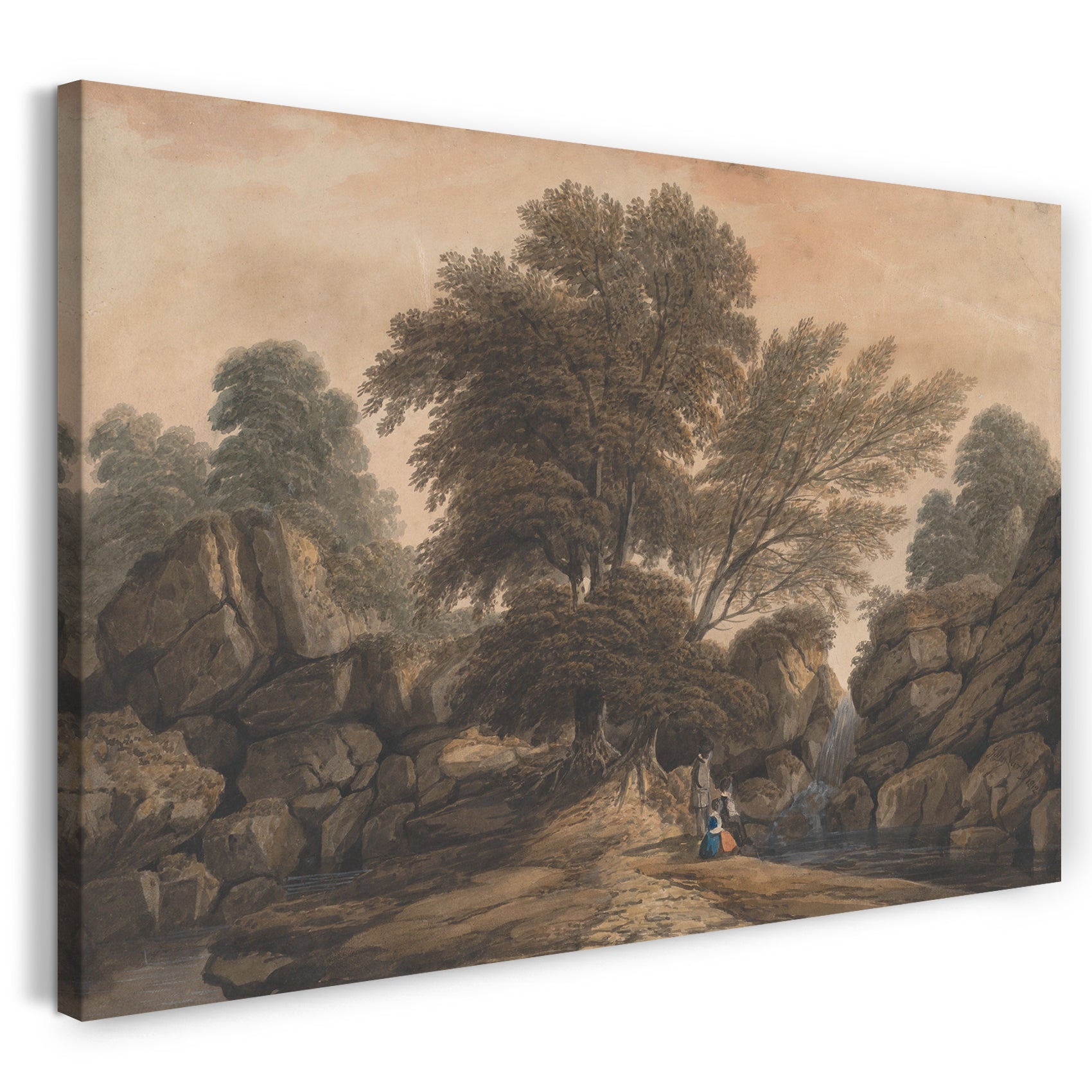 Leinwandbild John Varley - Figuren neben einem Wasserfall und einem Teich in einer bewaldeten Landschaft