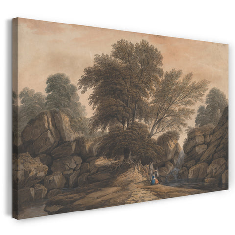Leinwandbild John Varley - Figuren neben einem Wasserfall und einem Teich in einer bewaldeten Landschaft