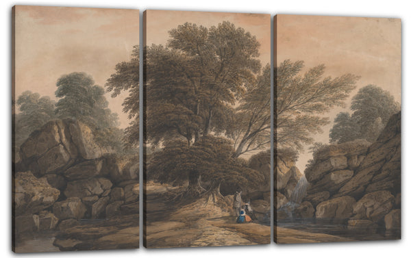 Leinwandbild John Varley - Figuren neben einem Wasserfall und einem Teich in einer bewaldeten Landschaft