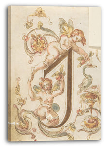 Leinwandbild Anonym, Italienisch, 16. Jahrhundert - Dekorativer Buchstabe "I" mit Putti (Stickdesign?)