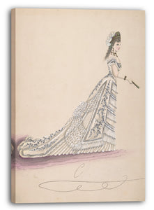 Leinwandbild Anonym, Französisch, 19. Jahrhundert - Mode-Studie: Frau in einem weißen Blumenkleid