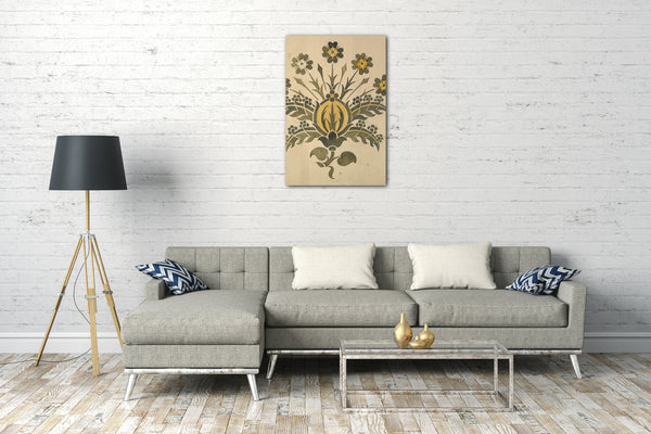 Leinwandbild Ernest Geldart - Grüne und gelbe stilisierte Blume für Wand-Schablone