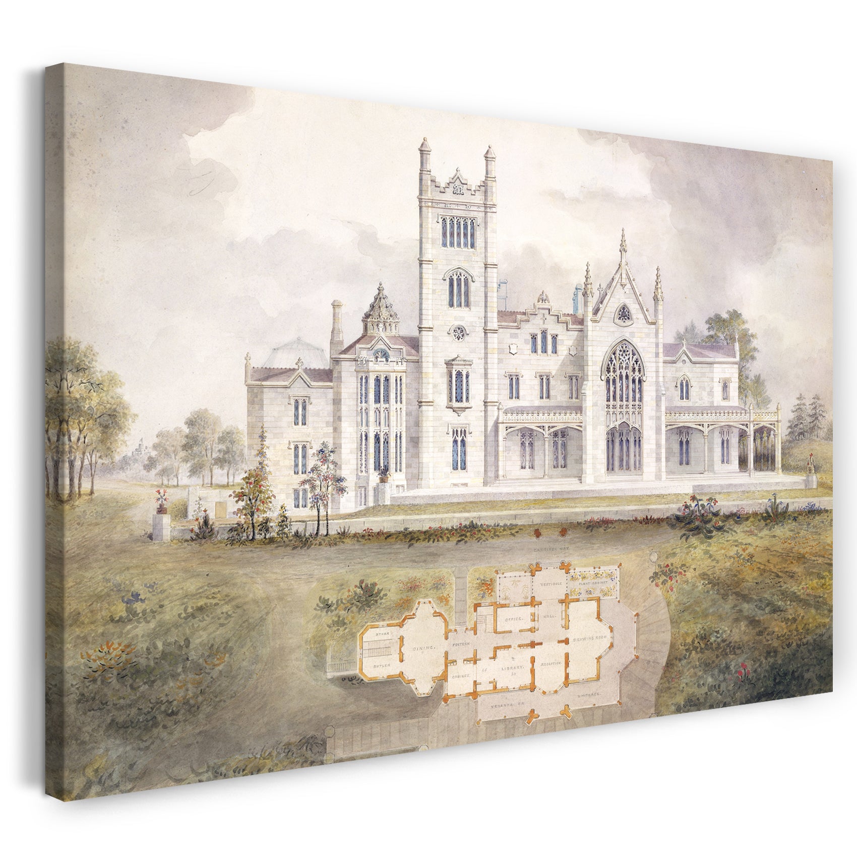 Leinwandbild Alexander Jackson Davis - Lyndhurst für George Merritt, Tarrytown, New York (West [hinten] Höhe und Plan)