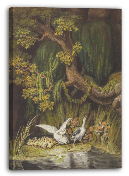 Leinwandbild Johann Heinrich Wilhelm Tischbein - Eine Gans und ein Gänserich mit ihren Gänschen, die in Alarm sind als zwei Füchse mit ihren Jungen auftauchen