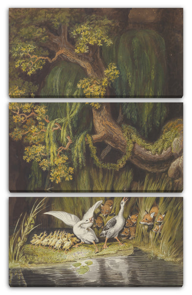 Leinwandbild Johann Heinrich Wilhelm Tischbein - Eine Gans und ein Gänserich mit ihren Gänschen, die in Alarm sind als zwei Füchse mit ihren Jungen auftauchen