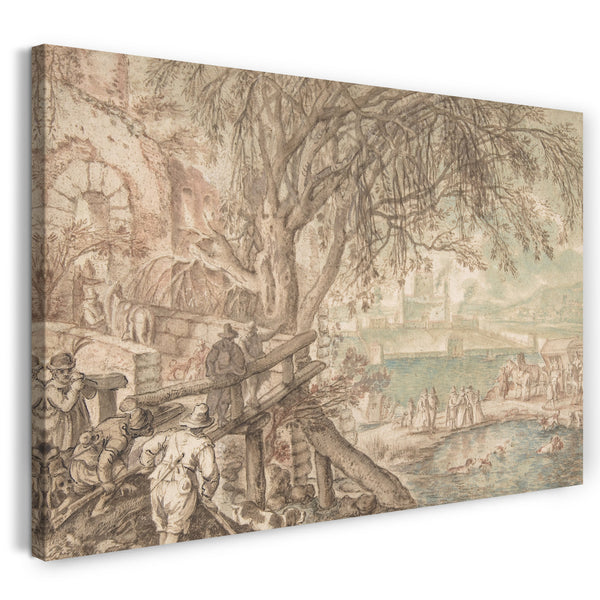 Leinwandbild Pieter Stevens - Huntsmen and Company Hunde beobachten Enten in einem Teich (April)