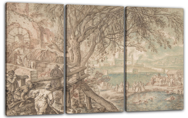 Leinwandbild Pieter Stevens - Huntsmen and Company Hunde beobachten Enten in einem Teich (April)
