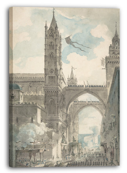 Leinwandbild Louis Jean Desprez - Blick auf das Portal und den Haupteingang der Kathedrale von Palermo während des Festivals von Sta. Rosalia