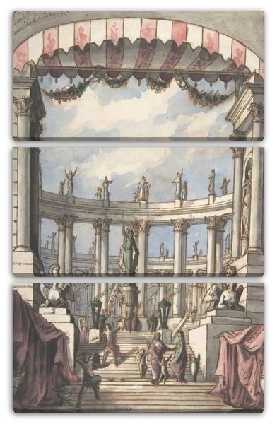 Leinwandbild Leonardo Marini - Design für ein Bühnenbild: Ein klassischer Hof und Kolonnade mit einer Minerva-Statue
