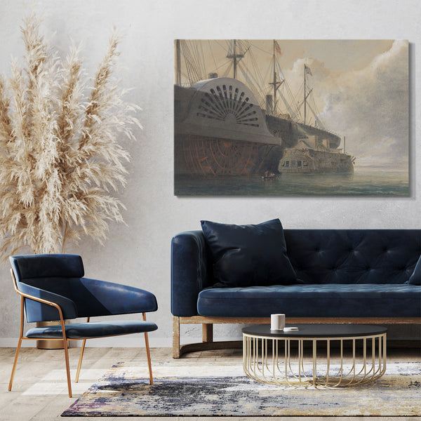 Leinwandbild Robert Charles Dudley - Die alte Fregatte Iris mit ihrer Kabelfracht an der Great Eastern in Sheerness: Das Kabel ging vom Rumpf zur Great Eastern