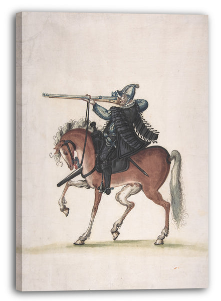 Leinwandbild Ende des 16. Jahrhunderts - Zeichnung eines berittenen Arquebusier (Soldat zu Pferd)