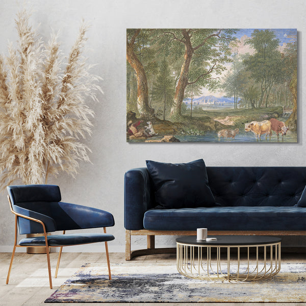 Leinwandbild Felix Meyer - Landschaft mit Kühen in einem Bach