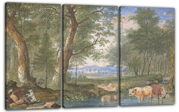 Leinwandbild Felix Meyer - Landschaft mit Kühen in einem Bach