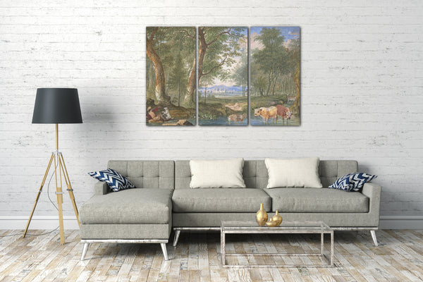 Leinwandbild Felix Meyer - Landschaft mit Kühen in einem Bach