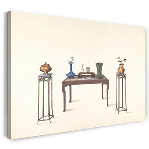 Leinwandbild Anonym, Chinesisch, 19. Jahrhundert - Großer Tisch und zwei kleine höhere mit Vasen