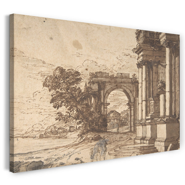Leinwandbild Anonym, Französisch, 17. Jahrhundert - Landschaft mit klassischer Architektur bei einem See
