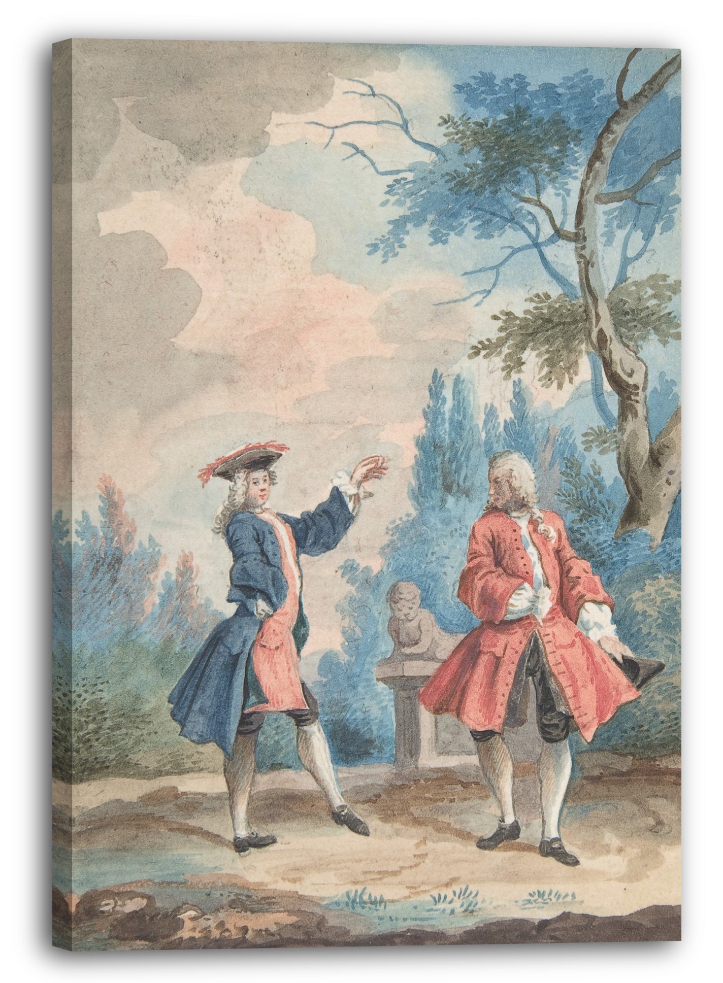 Leinwandbild Anonym, Französisch, 18. Jahrhundert - Zwei tanzende männliche Personen in einer Landschaft