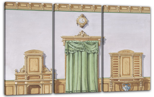 Leinwandbild Anonym, Britisch, 19. Jahrhundert - Innenarchitektur mit einer zentralen Tür, die durch grüne Drapierung und zwei Schränke bedeckt wird