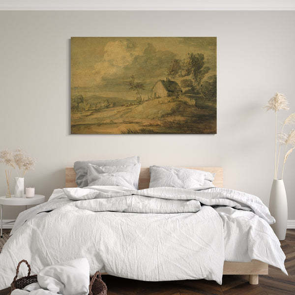 Leinwandbild Thomas Gainsborough - Bewaldete Landschaft mit Häuschen, Kühen und Schafen