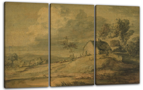 Leinwandbild Thomas Gainsborough - Bewaldete Landschaft mit Häuschen, Kühen und Schafen