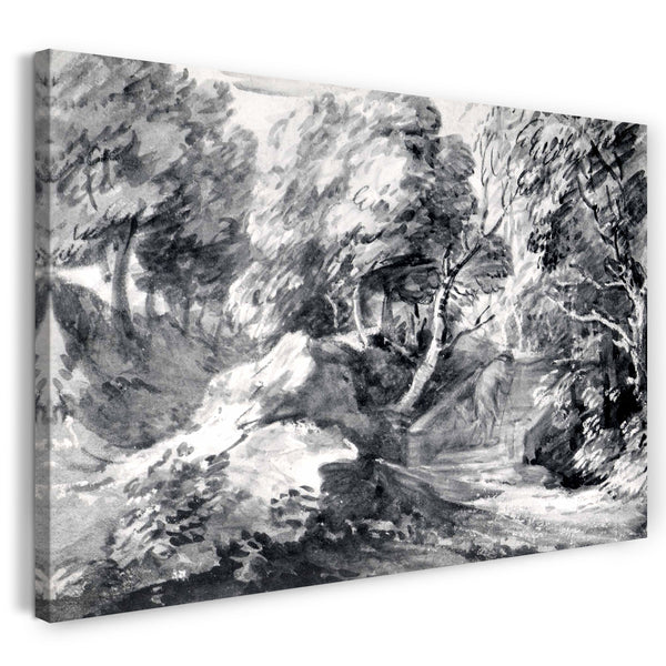 Leinwandbild Thomas Gainsborough - Bewaldete Landschaft mit einem Mann, der eine Brücke überquert