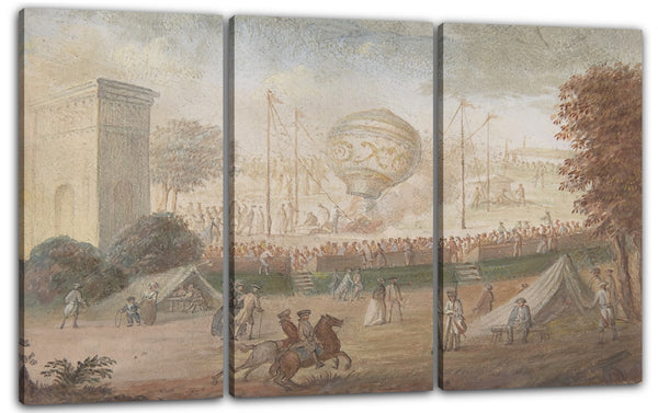 Leinwandbild Anonym, Französisch, 18. Jahrhundert - Entwürfe für die Oberseite und vier Seiten einer Schnupftabakdose mit Szenen, die den Aufstieg eines Heißluftballons darstellen