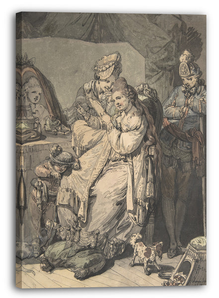 Leinwandbild Johann Eleazar Zeissig, genannt Schenau - Eine Frau an ihrer Toilette mit einem Dienstmädchen, einem Jungen, einem Hund und einem jungen Soldaten