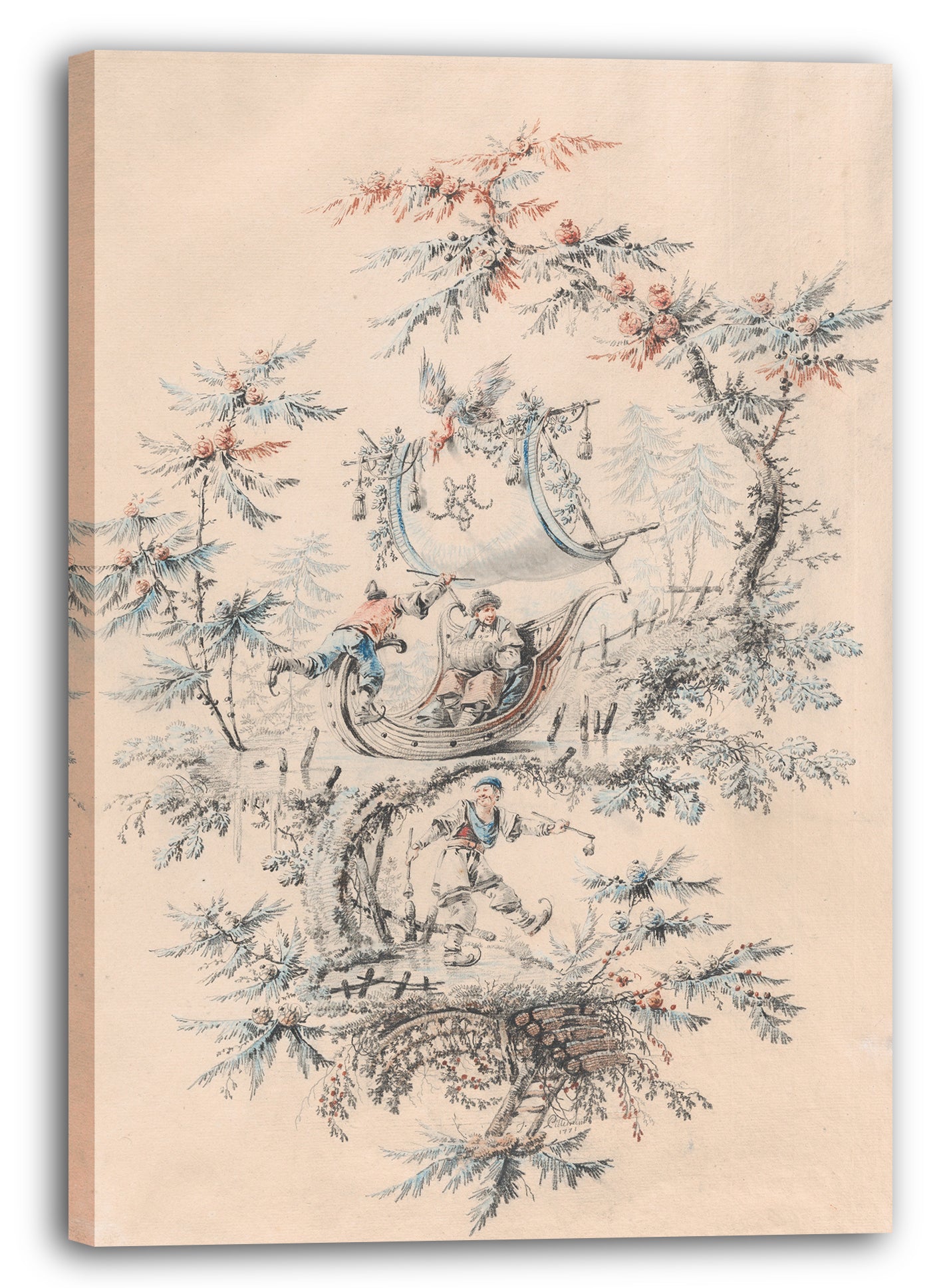 Leinwandbild Jean Pillement - Chinoiserie-Fantasy mit Schlittschuhläufern und eine exotische Figur in einem Eisboot