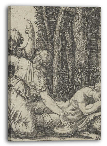 Leinwandbild Marcantonio Raimondi - Mann, der am Rand eines Waldes schläft und eine an seiner Seite knienden Frau, mit einer Hand auf einem Topf und der anderen auf der Schulter eines alten Mannes, der mit der linken Hand in Richtung Himmel gestikuliert