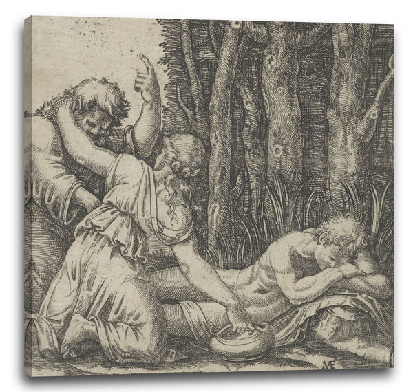 Leinwandbild Marcantonio Raimondi - Mann, der am Rand eines Waldes schläft und eine an seiner Seite knienden Frau, mit einer Hand auf einem Topf und der anderen auf der Schulter eines alten Mannes, der mit der linken Hand in Richtung Himmel gestikuliert