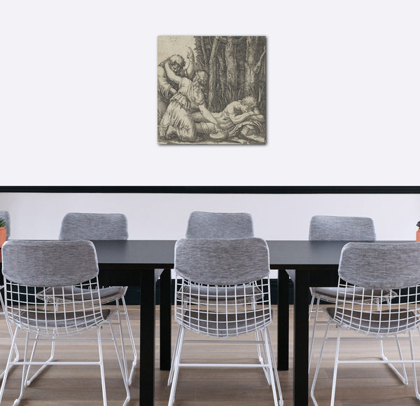 Leinwandbild Marcantonio Raimondi - Mann, der am Rand eines Waldes schläft und eine an seiner Seite knienden Frau, mit einer Hand auf einem Topf und der anderen auf der Schulter eines alten Mannes, der mit der linken Hand in Richtung Himmel gestikuliert