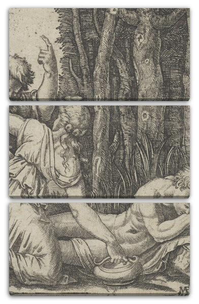 Leinwandbild Marcantonio Raimondi - Mann, der am Rand eines Waldes schläft und eine an seiner Seite knienden Frau, mit einer Hand auf einem Topf und der anderen auf der Schulter eines alten Mannes, der mit der linken Hand in Richtung Himmel gestikuliert