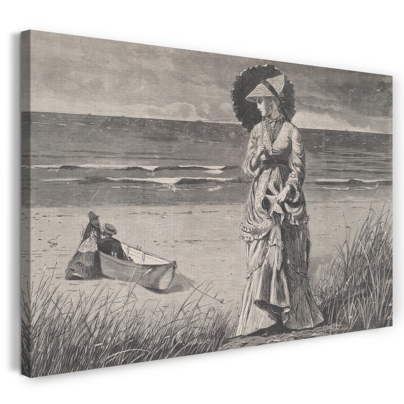 Leinwandbild Winslow Homer - Am Strand - Zwei sind Begleitung, drei sind keine - Gezeichnet von Winslow Homer (Harper's Weekly, Vol. XVI)