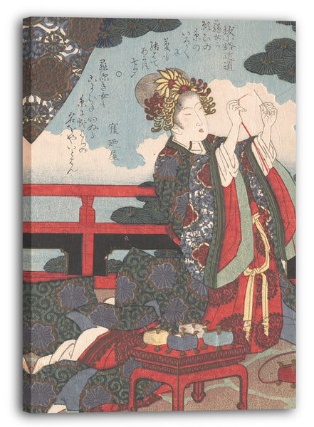 Leinwandbild Yashima Gakutei - Lady beim Einlochen einer Nadel auf einer Veranda