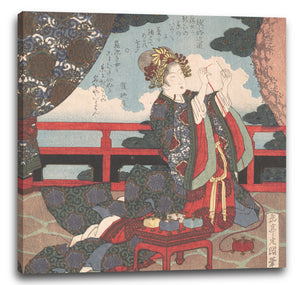 Leinwandbild Yashima Gakutei - Lady beim Einlochen einer Nadel auf einer Veranda