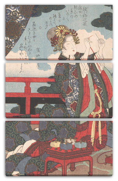 Leinwandbild Yashima Gakutei - Lady beim Einlochen einer Nadel auf einer Veranda