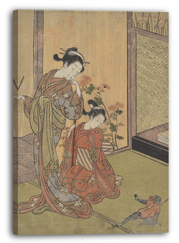 Leinwandbild Suzuki Harunobu - Zwei Mädchen, die einen Affen auf einer Leine betrachten