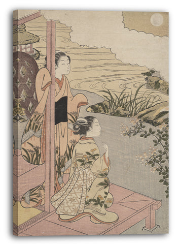 Leinwandbild Suzuki Harunobu - Zwei Mädchen auf einer Veranda neben einem Strom und dem Mond