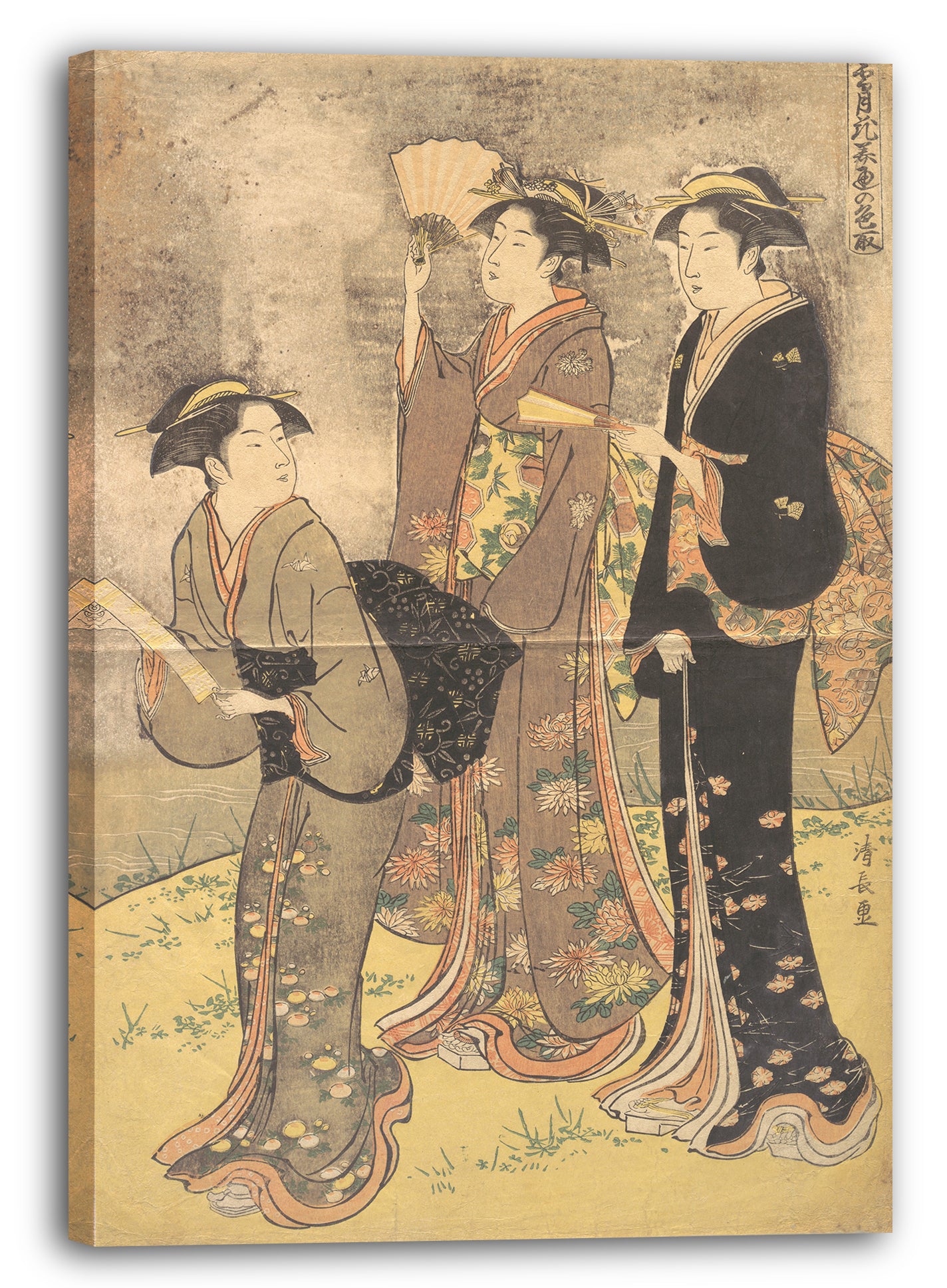 Leinwandbild Torii Kiyonaga - Drei junge Frauen, die auf dem Ufer des Sumida-Flusses schlendern