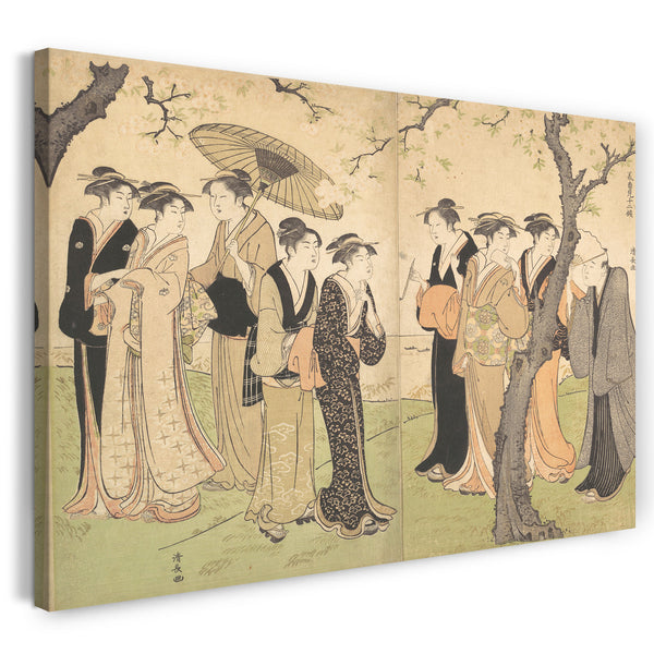 Leinwandbild Torii Kiyonaga - Gruppe von sechs Geishas unter Kirschbäumen auf Gotenyama