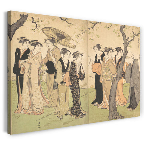 Leinwandbild Torii Kiyonaga - Gruppe von sechs Geishas unter Kirschbäumen auf Gotenyama