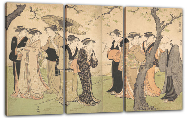 Leinwandbild Torii Kiyonaga - Gruppe von sechs Geishas unter Kirschbäumen auf Gotenyama