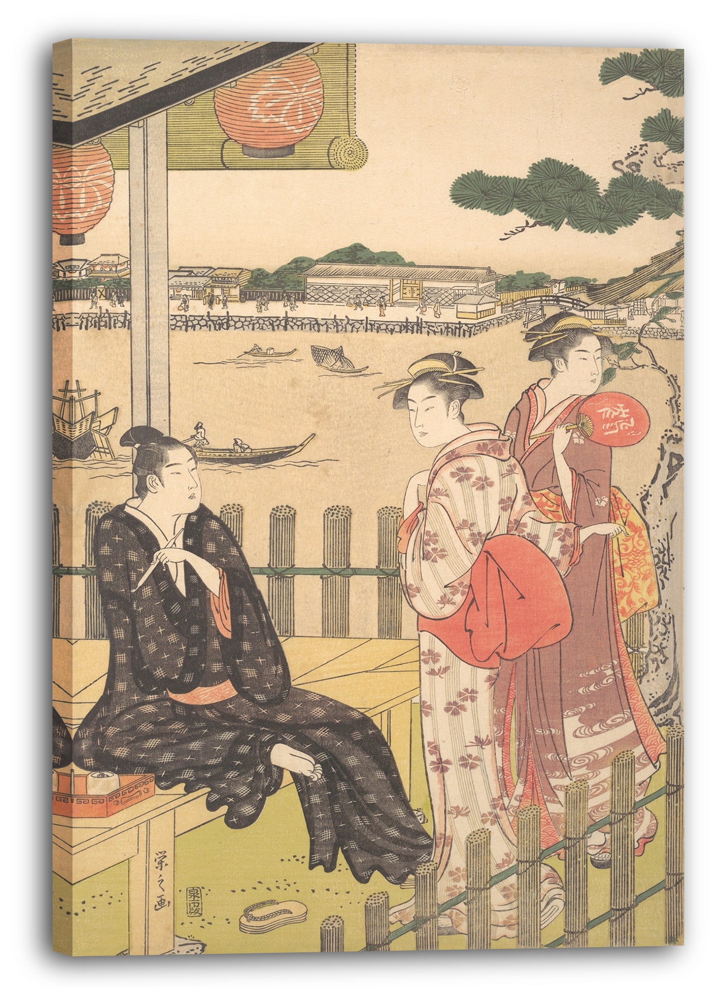 Leinwandbild Chōbunsai Eishi - Gruppe in einem Teehaus am Ufer des Sumida Flusses