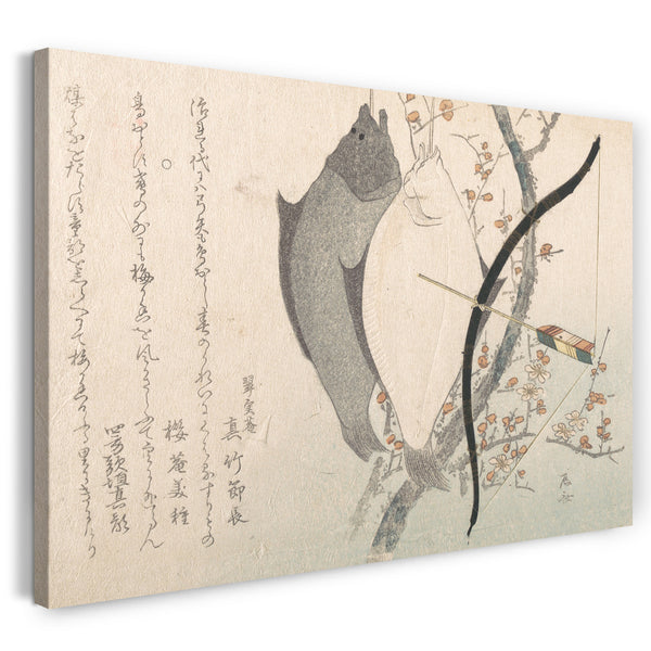 Leinwandbild Ryūryūkyo Shinsai - Heilbutt und ein Bogen mit dem Pfeil, der an einem Pflaumenbaum hängt