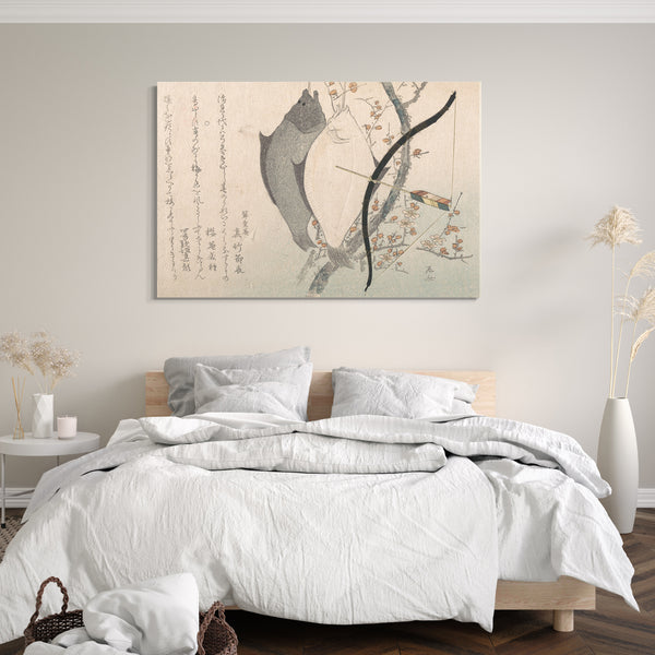 Leinwandbild Ryūryūkyo Shinsai - Heilbutt und ein Bogen mit dem Pfeil, der an einem Pflaumenbaum hängt