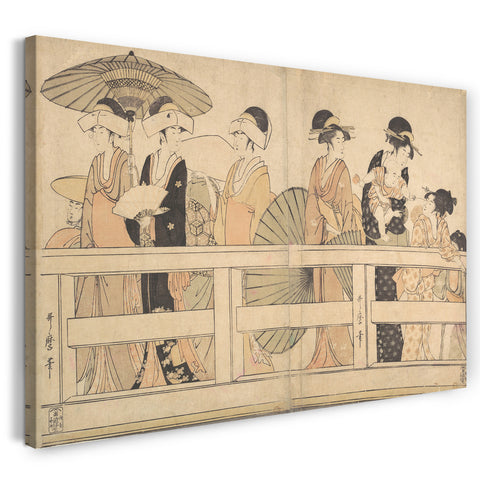 Leinwandbild Kitagawa Utamaro - Die kühle Abendbrise auf und unter der Brücke genießen