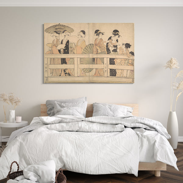 Leinwandbild Kitagawa Utamaro - Die kühle Abendbrise auf und unter der Brücke genießen